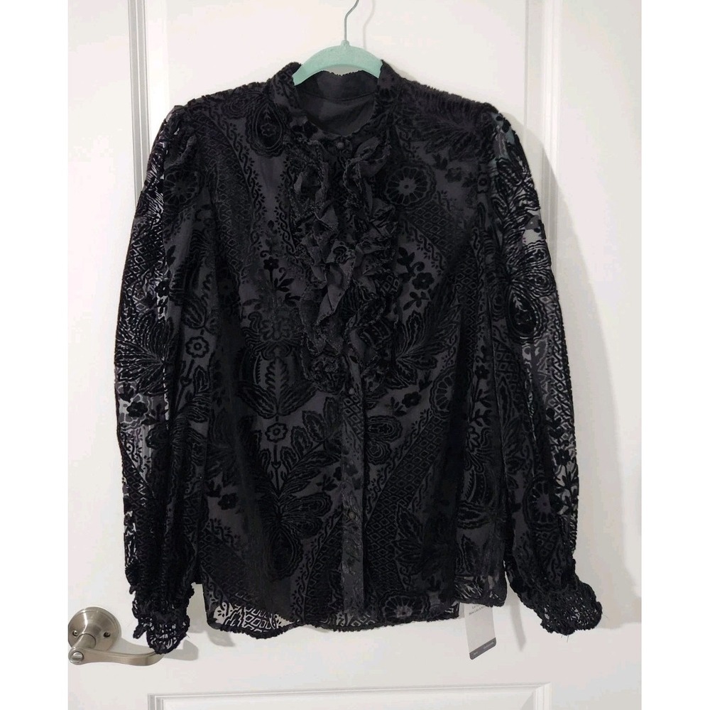 Women's Velvet Lace Black‎ Ruffle Blouse Mock Neck Long Sleeve Size 12